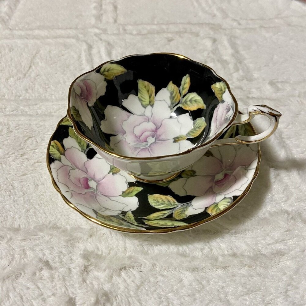 Paragon Tea Cup Saucer Black w White Flower HM Queen Mary By Appointment England